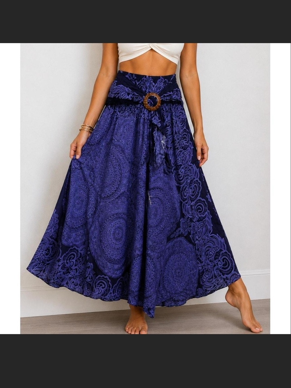 Elegant Deep Blue Paisley Maxi Skirt with Belt